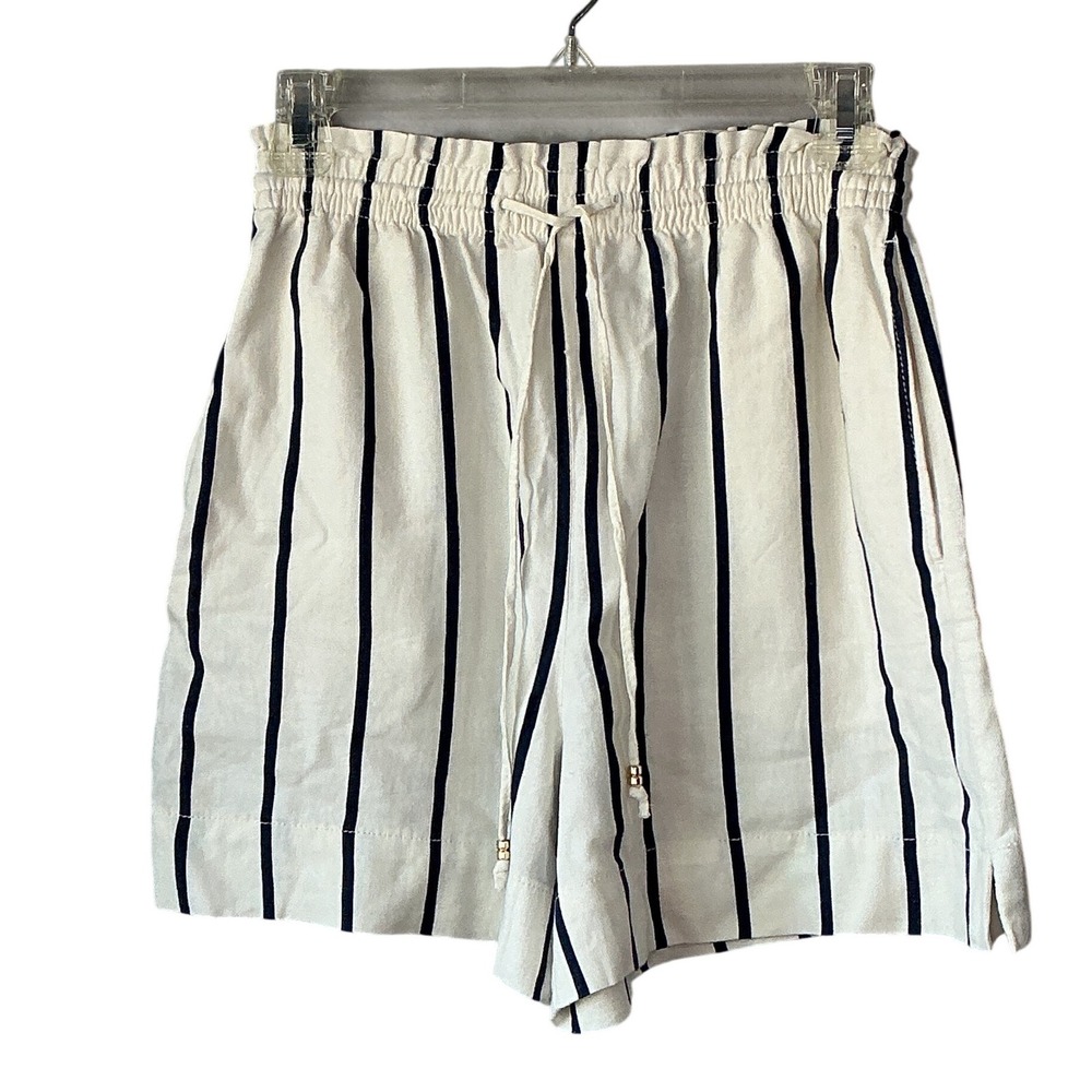 HM Linen Blend Striped Paperbag Waist Shorts Cream Navy Blue XS